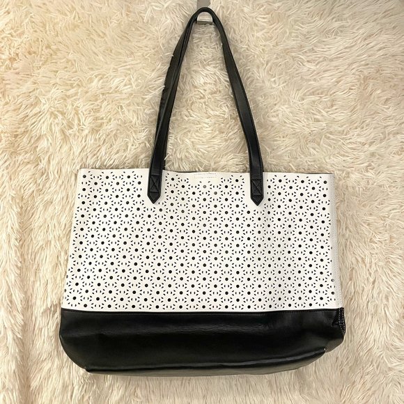 Large Colourblock Laser Cut Leather Market Tote Black/White Giani Bernini - Picture 1 of 8